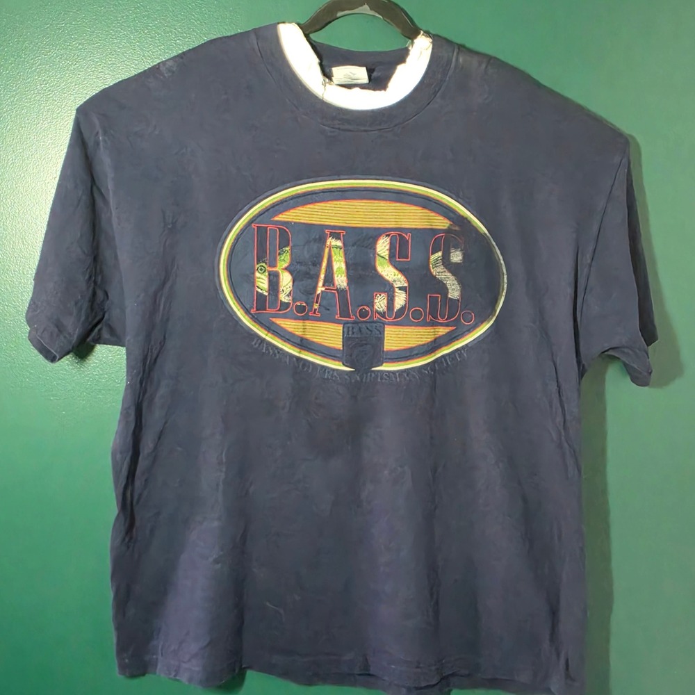 Vintage Jerzees B.A.S.S. Fishing T-Shirt Navy Blue Made in USA Mens 2XL Heavy